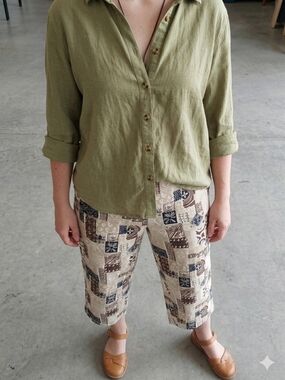 Kim Rogers Tribal Patchwork Crop Pants Brown Tan Beige Size 12 Boho Coastal